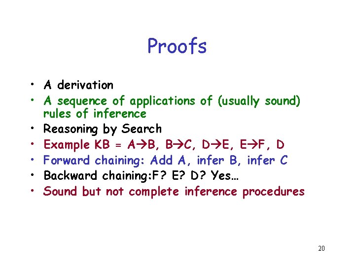 Proofs • A derivation • A sequence of applications of (usually sound) rules of Proofs • A derivation • A sequence of applications of (usually sound) rules of