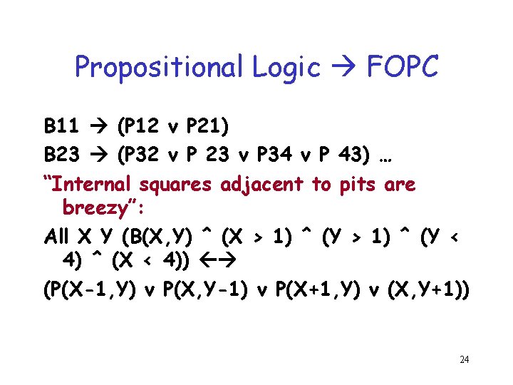 Propositional Logic FOPC B 11 (P 12 v P 21) B 23 (P 32 Propositional Logic FOPC B 11 (P 12 v P 21) B 23 (P 32
