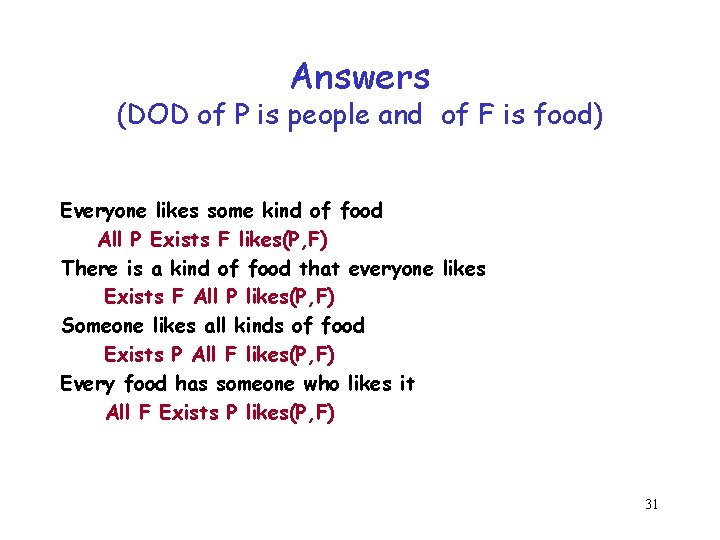 Answers (DOD of P is people and of F is food) Everyone likes some Answers (DOD of P is people and of F is food) Everyone likes some