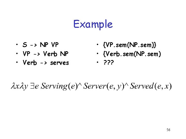 Example • S -> NP VP • VP -> Verb NP • Verb -> Example • S -> NP VP • VP -> Verb NP • Verb ->