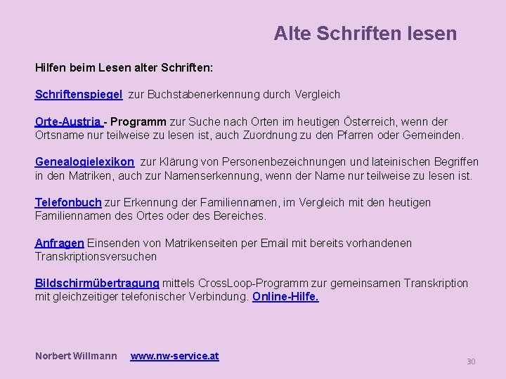 Alte Schriften lesen Hilfen beim Lesen alter Schriften: Schriftenspiegel zur Buchstabenerkennung durch Vergleich Orte-Austria