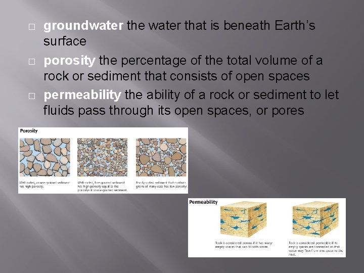 � � � groundwater the water that is beneath Earth’s surface porosity the percentage � � � groundwater the water that is beneath Earth’s surface porosity the percentage