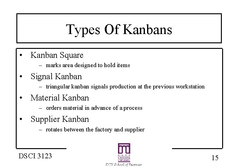 Types Of Kanbans • Kanban Square – marks area designed to hold items •