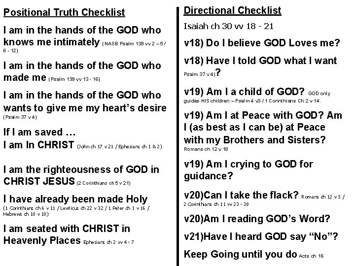 Positional Truth Checklist Directional Checklist I am in the hands of the GOD who