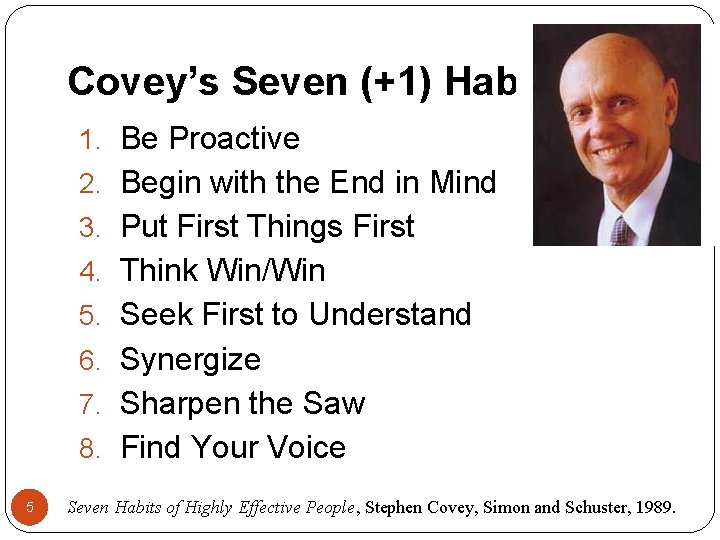 Covey’s Seven (+1) Habits 1. Be Proactive 2. Begin with the End in Mind