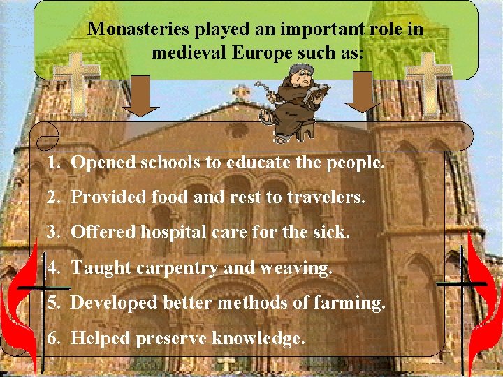 Monasteries played an important role in medieval Europe such as: 1. Opened schools to Monasteries played an important role in medieval Europe such as: 1. Opened schools to