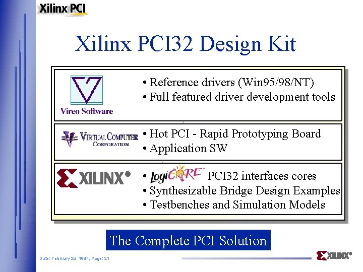 Xilinx PCI 32 Design Kit • Reference drivers (Win 95/98/NT) • Full featured driver
