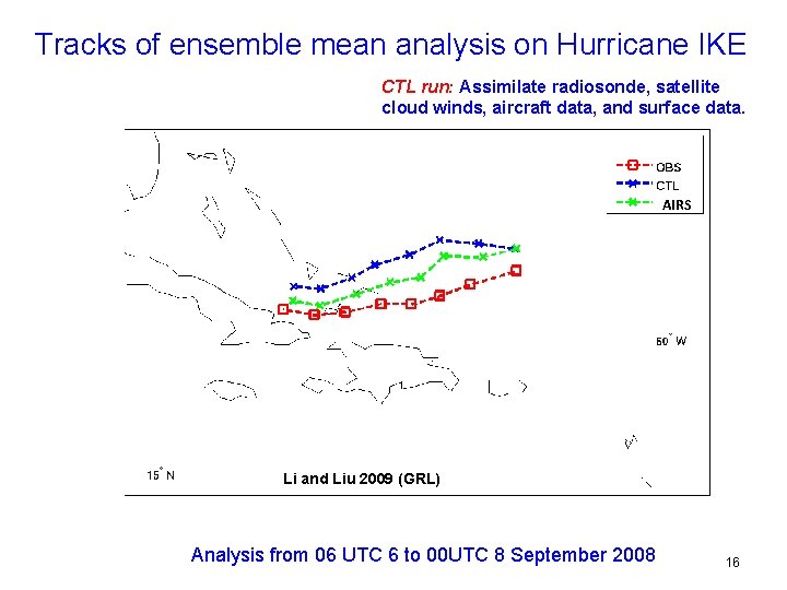 Tracks of ensemble mean analysis on Hurricane IKE CTL run: Assimilate radiosonde, satellite cloud