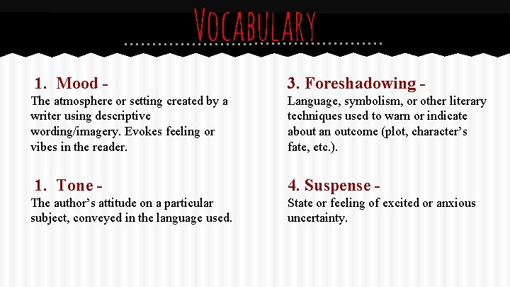 Vocabulary 1. Mood The atmosphere or setting created by a writer using descriptive wording/imagery.