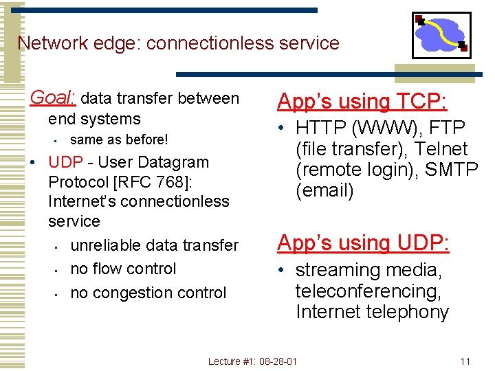 Network edge: connectionless service Goal: data transfer between end systems • same as before!