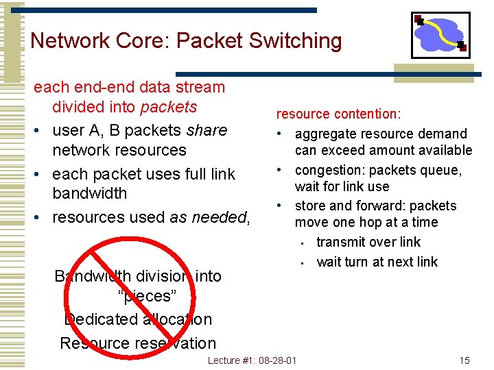 Network Core: Packet Switching each end-end data stream divided into packets • user A,