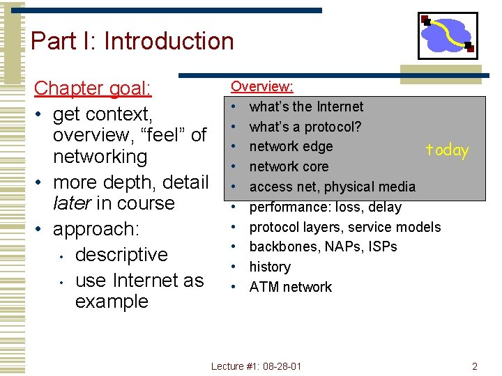 Part I: Introduction Chapter goal: • get context, overview, “feel” of networking • more