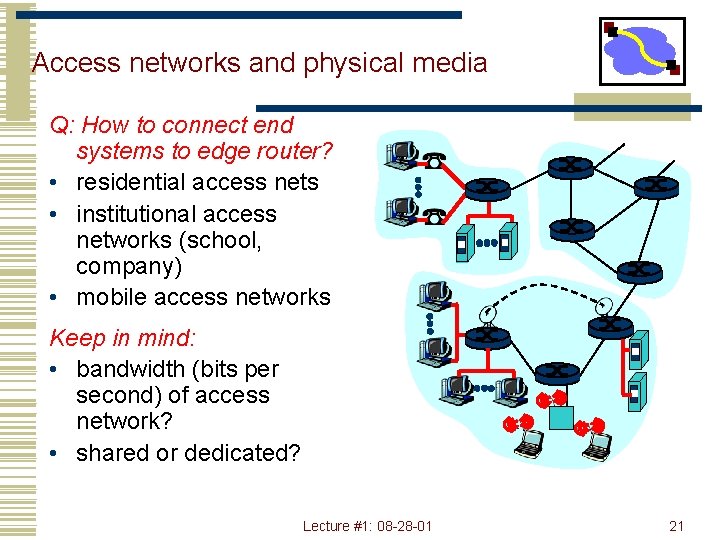 Access networks and physical media Q: How to connect end systems to edge router?