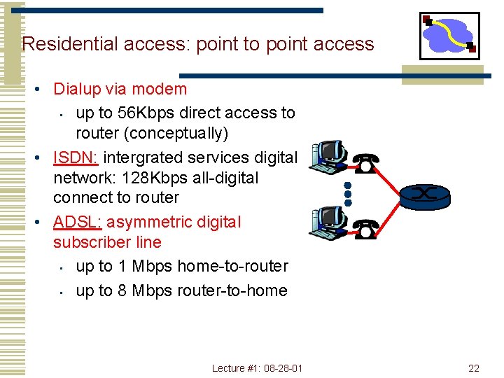 Residential access: point to point access • Dialup via modem • up to 56