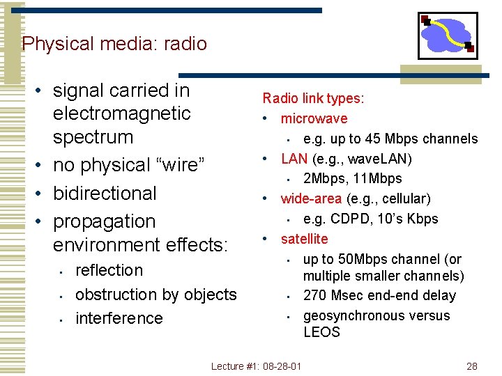 Physical media: radio • signal carried in electromagnetic spectrum • no physical “wire” •