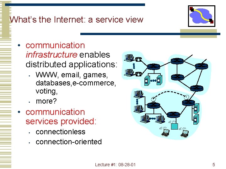 What’s the Internet: a service view • communication infrastructure enables distributed applications: • •