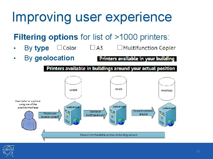 Improving user experience Filtering options for list of >1000 printers: • • By type Improving user experience Filtering options for list of >1000 printers: • • By type