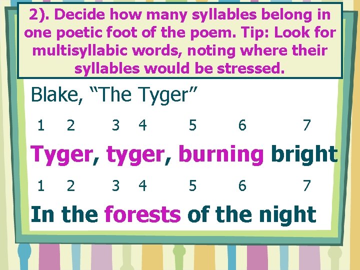 2). Decide how many syllables belong in one poetic foot of the poem. Tip: