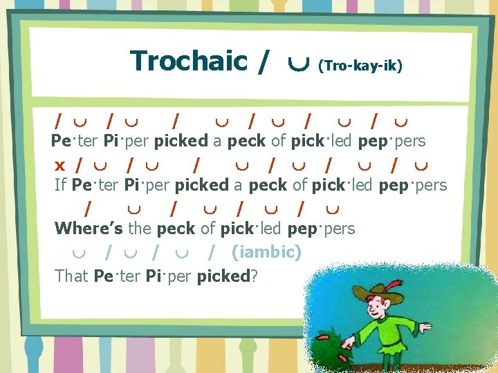  Trochaic / (Tro-kay-ik) / / / Pe·ter Pi·per picked a peck of pick·led