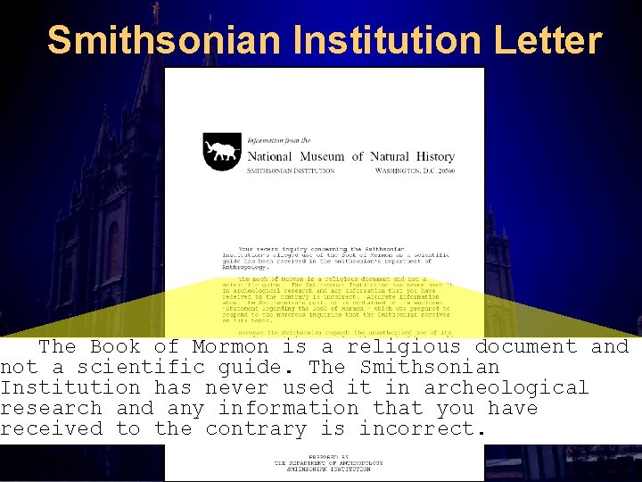 Smithsonian Institution Letter The Book of Mormon is a religious document and not a