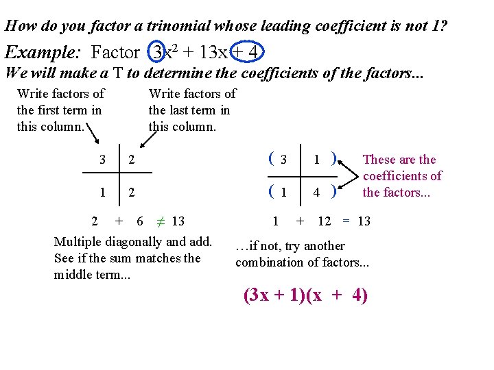 How do you factor a trinomial whose leading coefficient is not 1? Example: Factor