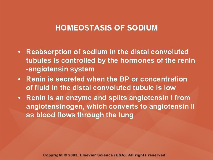 HOMEOSTASIS OF SODIUM • Reabsorption of sodium in the distal convoluted tubules is controlled