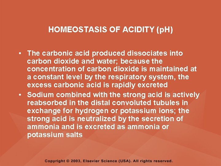 HOMEOSTASIS OF ACIDITY (p. H) • The carbonic acid produced dissociates into carbon dioxide