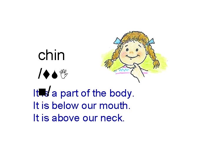 chin /t. SI Itn is/ a part of the body. It is below our