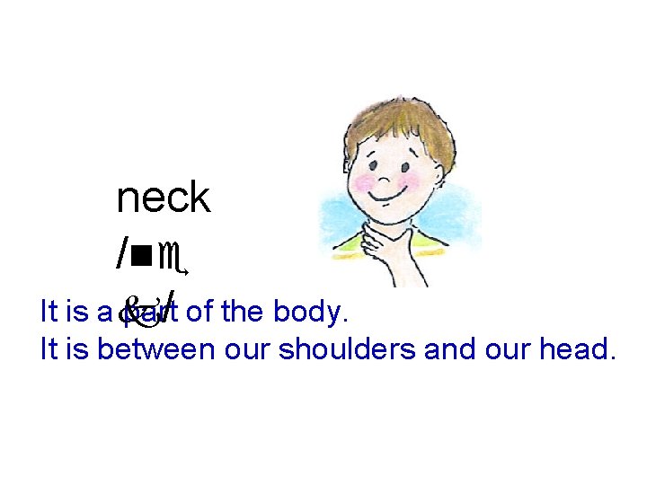 neck /ne It is a k part / of the body. It is between