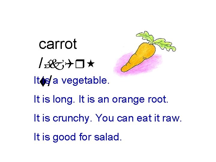 carrot /Èk. Qr Itt is/ a vegetable. It is long. It is an orange