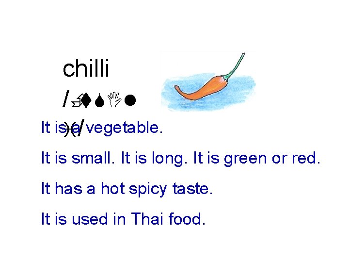 chilli /Èt. SIl It isia/ vegetable. It is small. It is long. It is