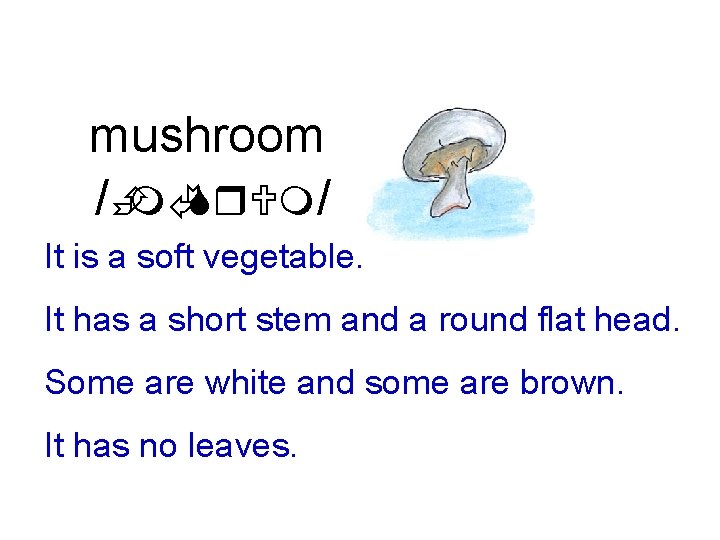 mushroom /ÈmÃSr. Um/ It is a soft vegetable. It has a short stem and