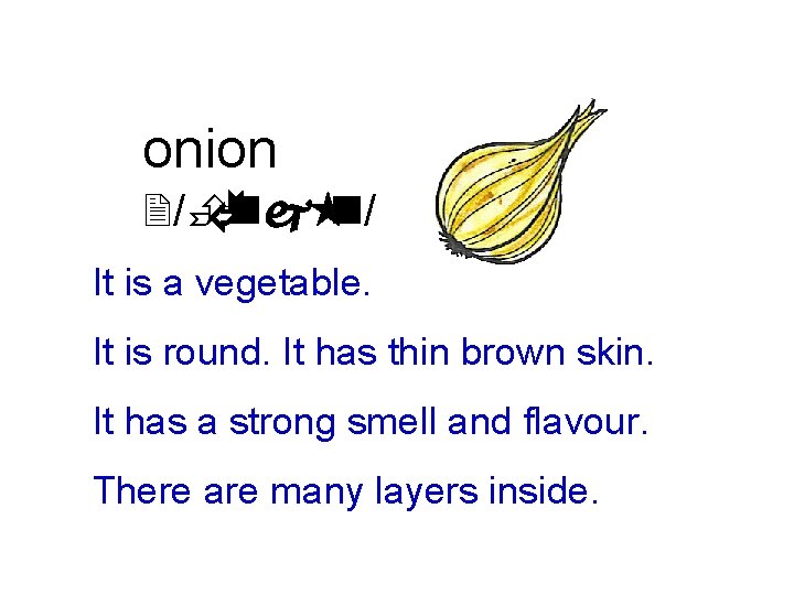 onion 2/È Ãnj «n/ It is a vegetable. It is round. It has thin