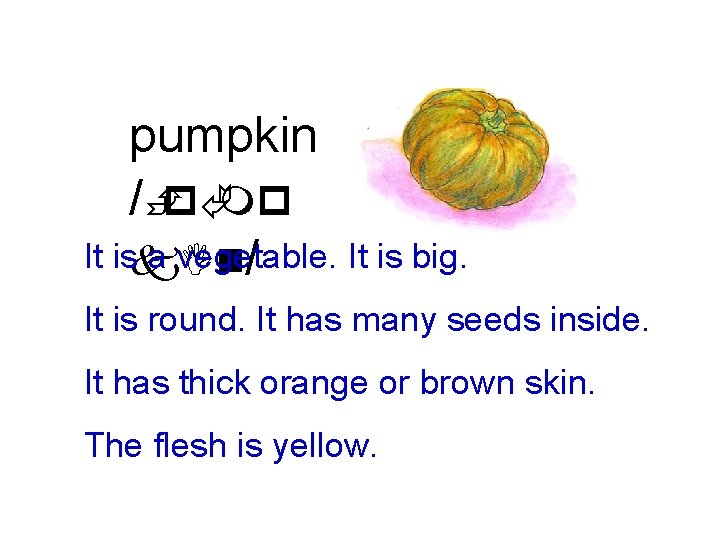 pumpkin /ÈpÃmp It isk. In a vegetable. It is big. / It is round.