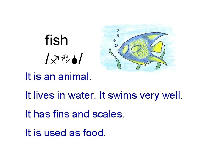 fish /f. IS/ It is an animal. It lives in water. It swims very