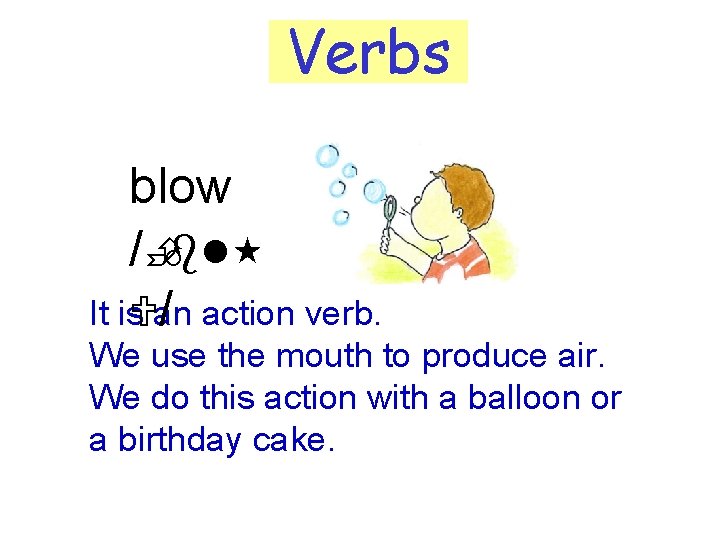 Verbs blow /Èbl It is. Uan / action verb. We use the mouth to