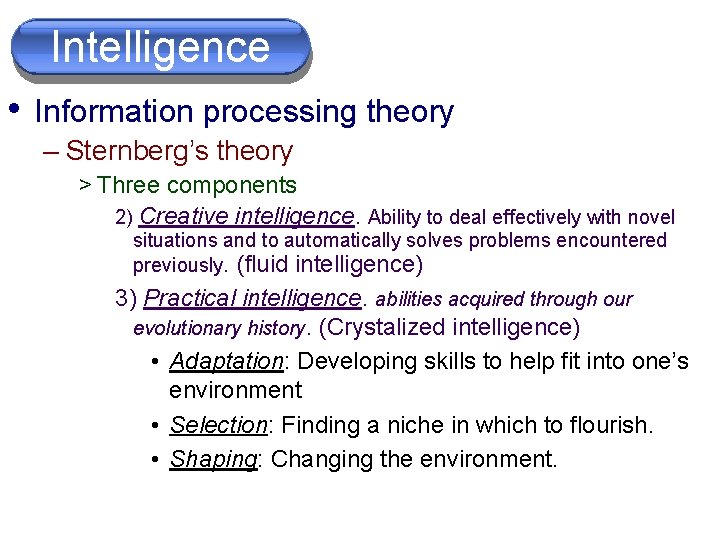 Intelligence • Information processing theory – Sternberg’s theory > Three components 2) Creative intelligence.