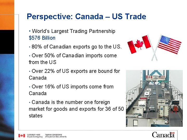 Perspective: Canada – US Trade • World’s Largest Trading Partnership $576 Billion • 80%