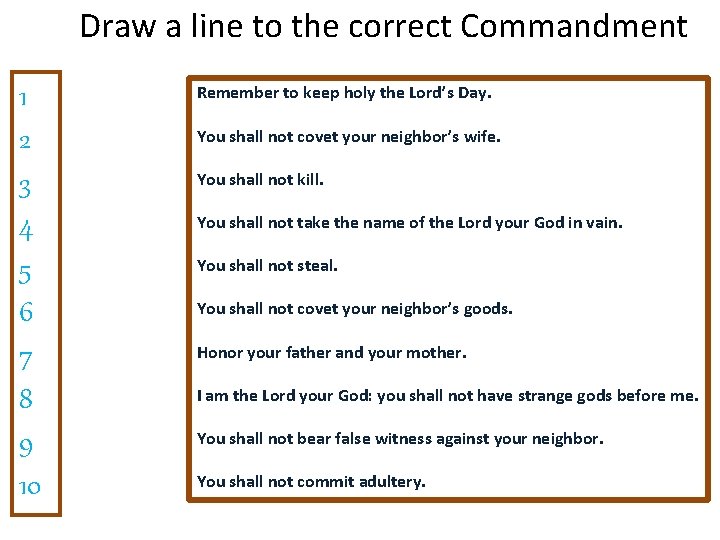 Draw a line to the correct Commandment 1 2 3 4 5 6 7