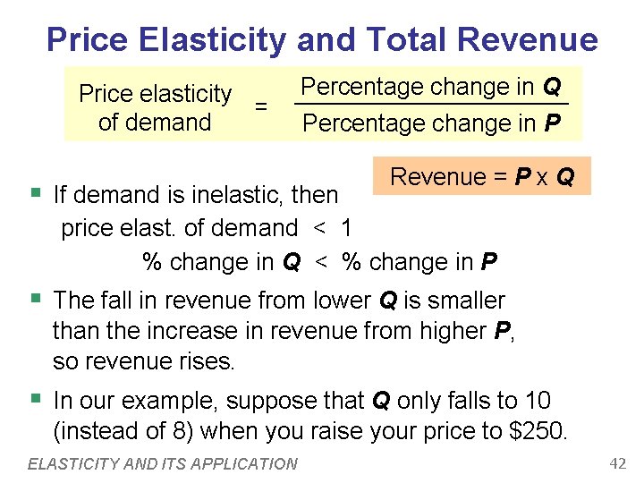 Price Elasticity and Total Revenue Price elasticity = of demand Percentage change in Q Price Elasticity and Total Revenue Price elasticity = of demand Percentage change in Q
