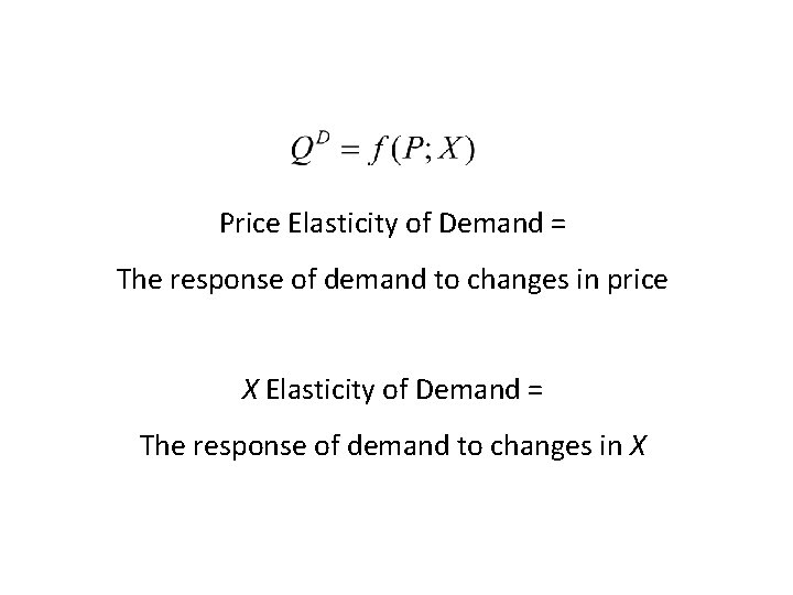 Price Elasticity of Demand = The response of demand to changes in price X Price Elasticity of Demand = The response of demand to changes in price X