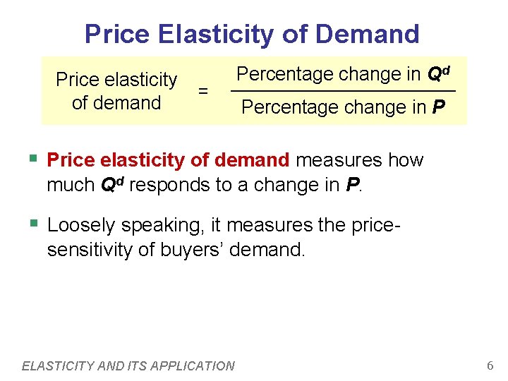 Price Elasticity of Demand Price elasticity of demand = Percentage change in Qd Percentage Price Elasticity of Demand Price elasticity of demand = Percentage change in Qd Percentage