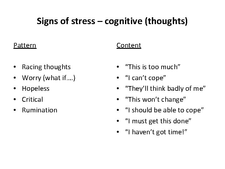 Signs of stress – cognitive (thoughts) Pattern • • • Racing thoughts Worry (what