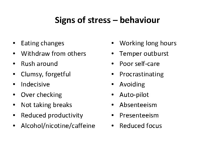 Signs of stress – behaviour • • • Eating changes Withdraw from others Rush