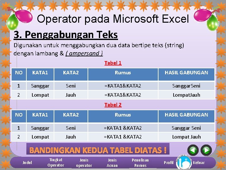 Operator pada Microsoft Excel 3. Penggabungan Teks Digunakan untuk menggabungkan dua data bertipe teks