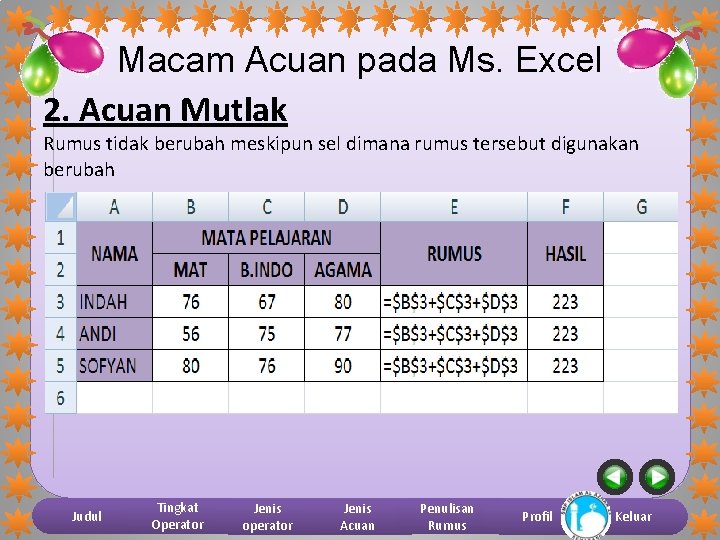Macam Acuan pada Ms. Excel 2. Acuan Mutlak Rumus tidak berubah meskipun sel dimana