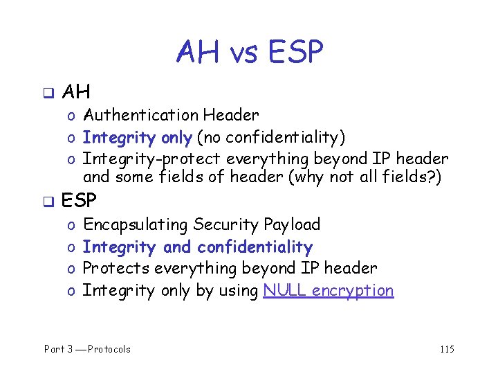 AH vs ESP q AH o Authentication Header o Integrity only (no confidentiality) o