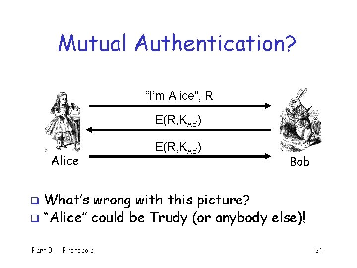 Mutual Authentication? “I’m Alice”, R E(R, KAB) Alice E(R, KAB) Bob What’s wrong with