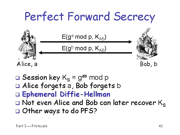 Perfect Forward Secrecy E(ga mod p, KAB) E(gb mod p, KAB) Alice, a Bob,