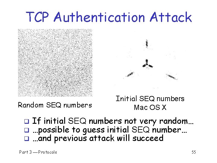 TCP Authentication Attack Random SEQ numbers q q q Initial SEQ numbers Mac OS